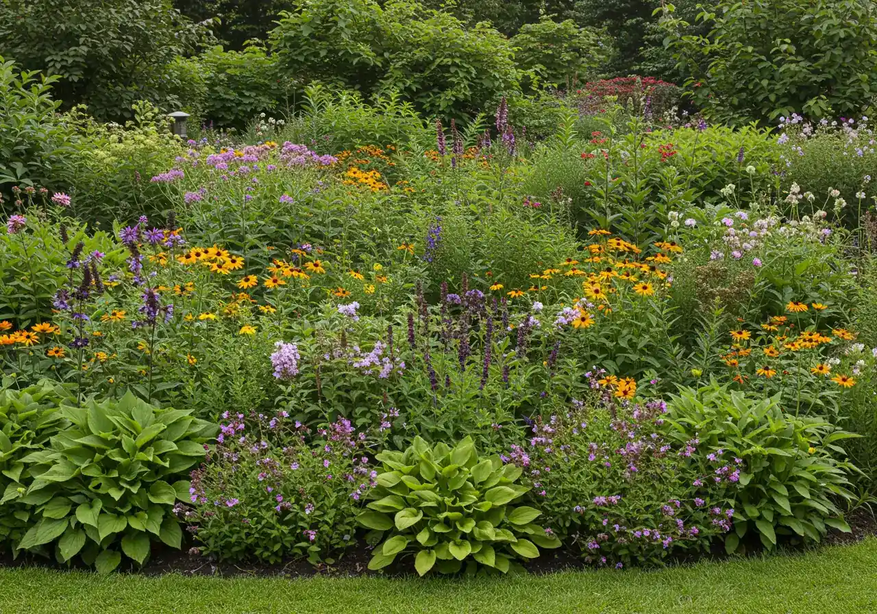 A beautifully composed photograph of a diverse garden bed in mid-summer bloom. Show contrasting textures and colors of different perennials and annuals thriving together. One section is clearly in bright sun, another in dappled shade, illustrating different microclimates within the same bed. No tools or people visible, just the lush plants.
