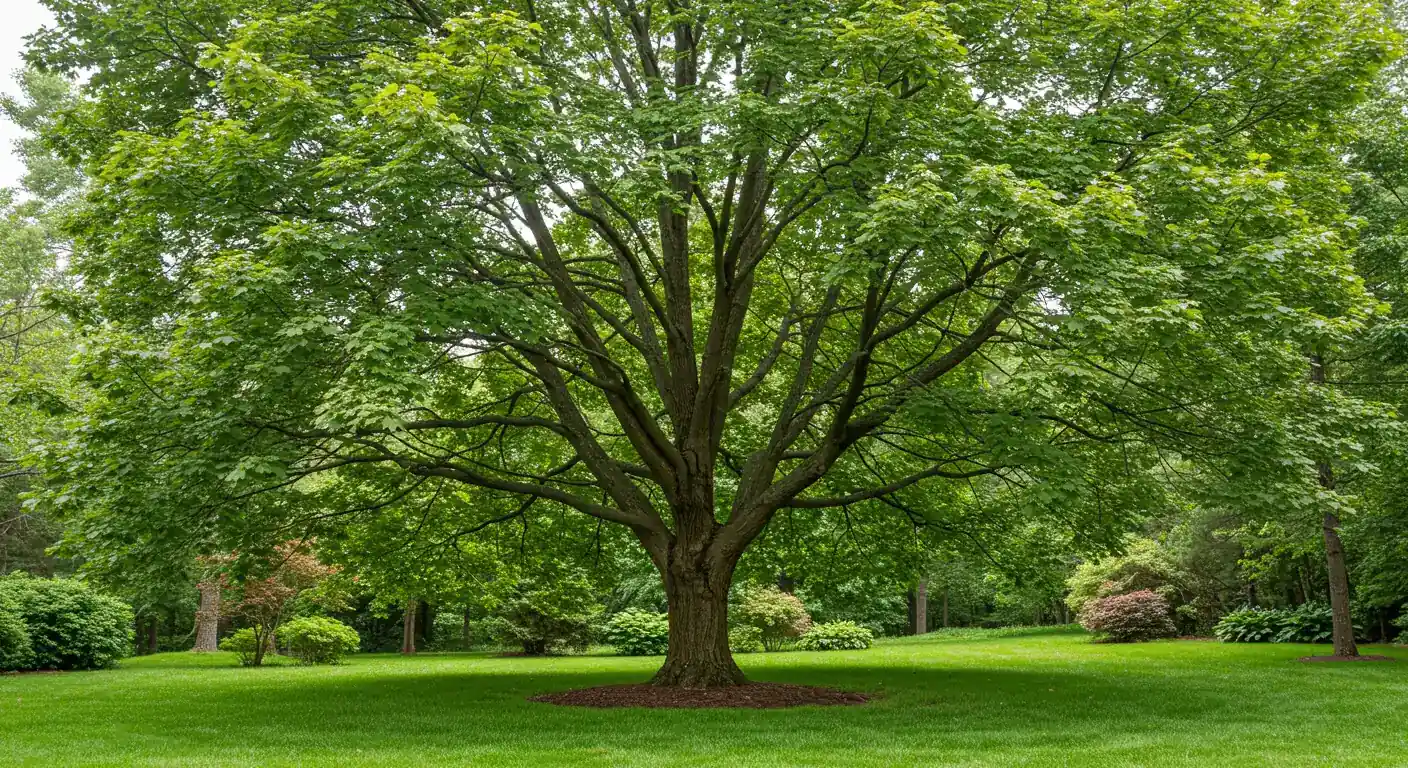 A visually appealing photograph showcasing a healthy, well-structured mature deciduous tree (like a maple) standing majestically in a Kars-like backyard setting during summer. The tree should look vibrant and robust, contrasting with the article's description of a 'scraggly and stressed' tree, illustrating the ideal result of proper tree care.