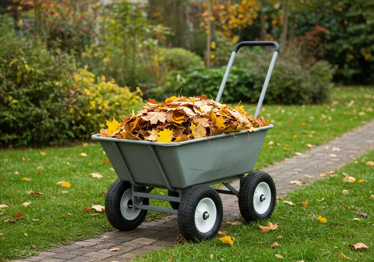 Illustrating the result of efficient and less strenuous cleanup using ergonomic tools, specifically focusing on transporting materials. Show a sturdy, well-balanced ergonomic wheelbarrow or garden cart (preferably dual-wheeled) filled neatly with autumn leaves, parked stably on a lawn or pathway. The image implies ease of movement without showing a person.