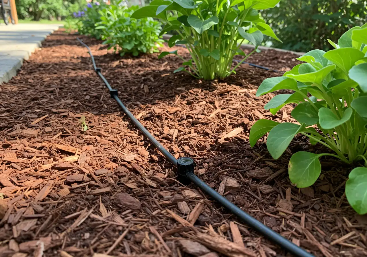 A photograph showcasing a finished section of a garden bed where dark brown shredded bark mulch covers the landscape. Black drip irrigation tubing (either 1/2 inch or 1/4 inch) is mostly hidden beneath the mulch, with only the emitter heads or small sections of tubing visible right at the base of healthy, thriving plants (e.g., perennials or vegetables). The scene looks tidy and professional.