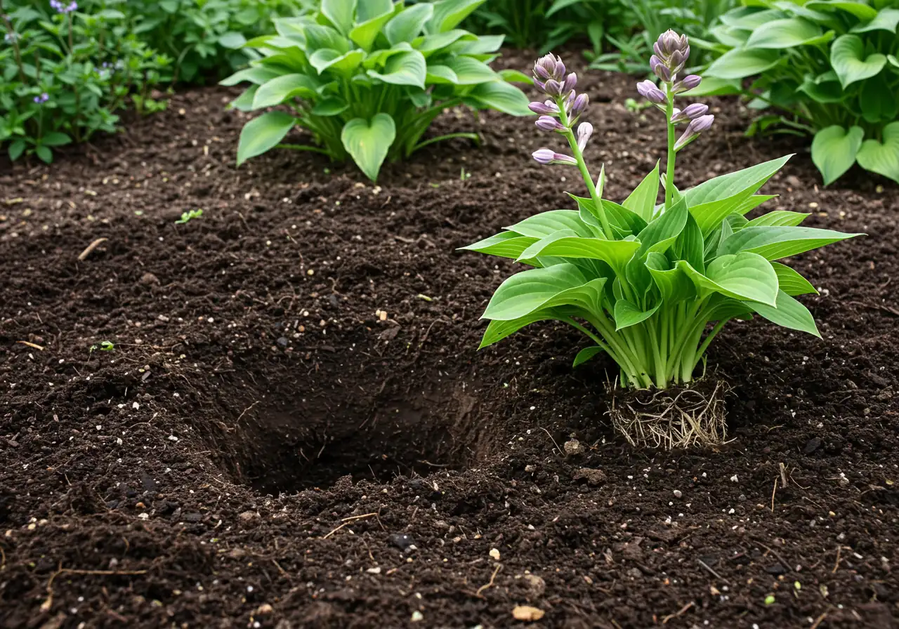 An image illustrating Step 4: Replanting. Show a prepared planting hole in healthy garden soil, visibly amended with dark compost. Beside the hole, place a healthy-looking perennial division (e.g., a section of hosta with leaves trimmed back slightly, showing good roots and buds/eyes), ready to be planted at the correct depth.