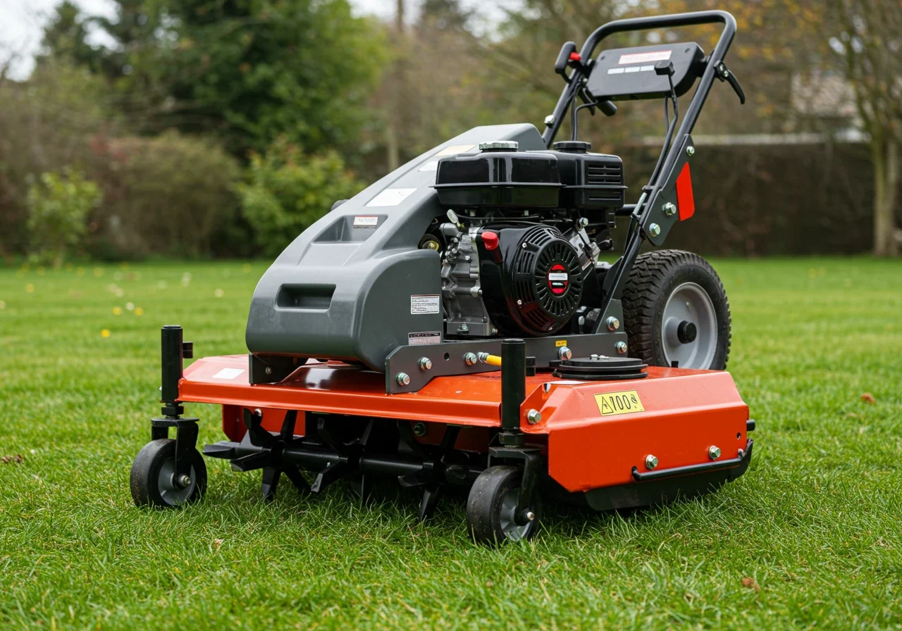 A clear photograph focusing on a robust, professional-grade walk-behind core aeration machine resting idle on a green lawn. The image should showcase the machine itself, particularly its hollow tines, without any people operating it, illustrating the type of equipment involved.
