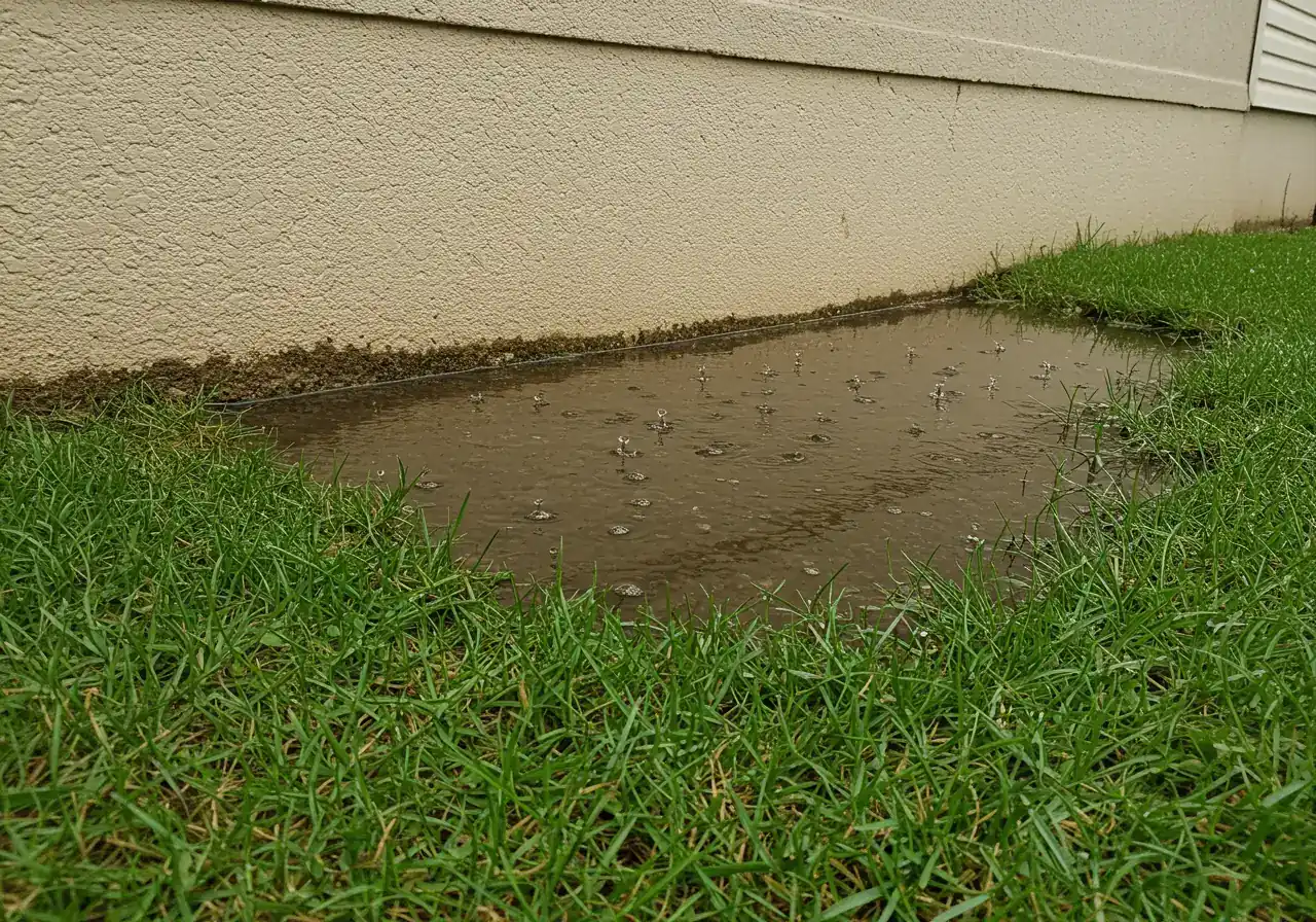 A photograph showing a noticeable puddle of water collected on a lawn directly against the concrete foundation of a suburban house after rainfall. The grass around the puddle is dark and saturated, clearly illustrating a common drainage problem mentioned early in the article.