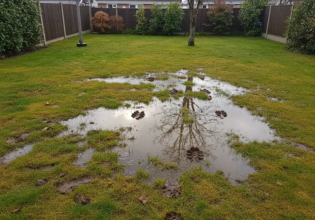 A clear photograph focusing on a soggy residential lawn with visible standing water pooled in several areas. The grass appears overly saturated, possibly yellowing or thin in patches, clearly illustrating the drainage problem described in the text. Could show footprints sinking slightly into the turf.
