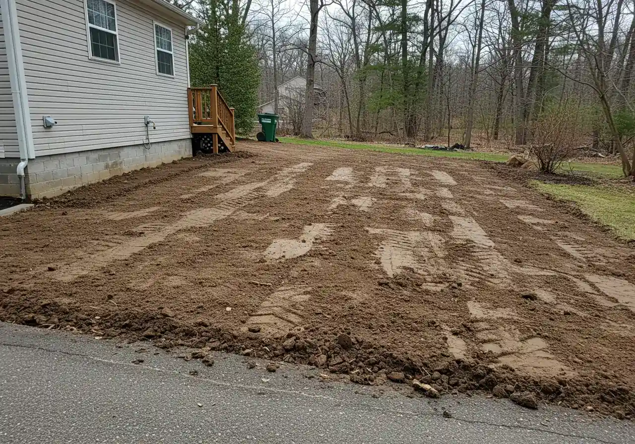 A photograph showing a section of a residential yard that has been recently graded. It should depict smooth, bare soil with a clear, gentle slope leading away from the visible edge of a house or patio. Could include subtle hints of landscaping work like rake marks.