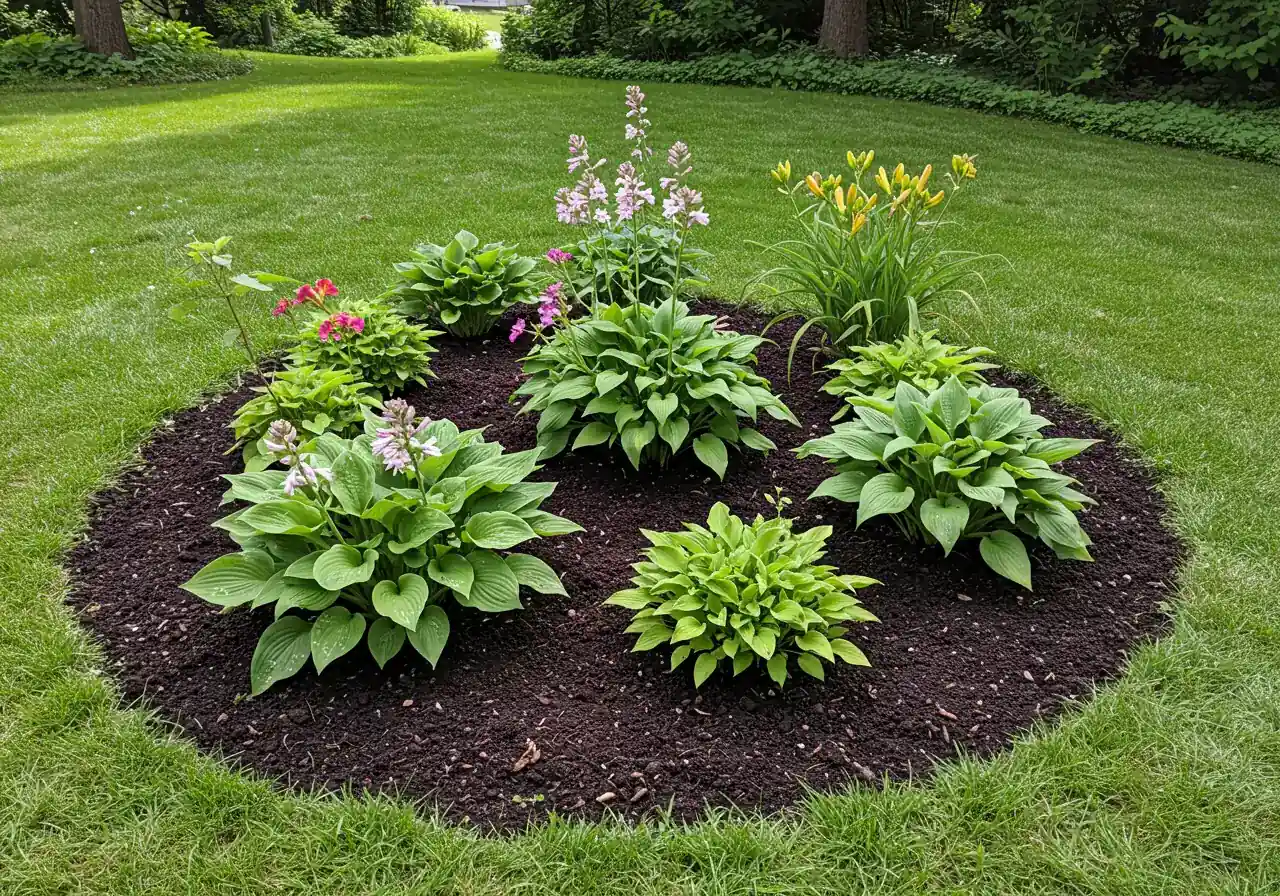 A beautiful shot of a newly established small flower bed filled with healthy, colourful perennials (like hostas or daylilies) thriving in rich soil, positioned in a spot on a lawn where a stump might have previously been, showcasing positive reuse of the space.