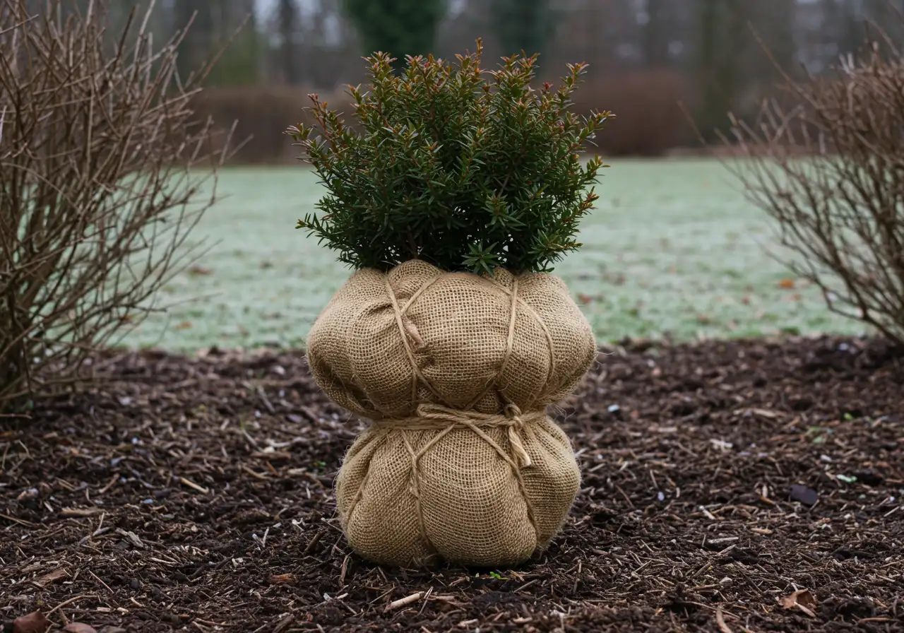A medium shot focusing on a vulnerable evergreen shrub (like a small cedar, yew, or rhododendron) standing in a dormant garden bed or lawn edge. The shrub is loosely but securely wrapped in natural tan-colored burlap, tied gently with twine, to protect it from winter wind, sun scald, and potential animal browsing. The surrounding scene indicates late fall or early winter.