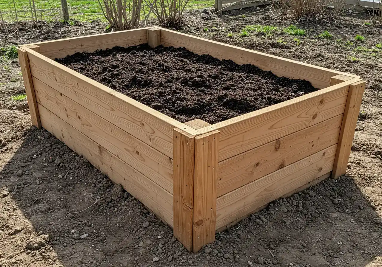 A well-constructed wooden raised garden bed filled with dark, loose, loamy soil, ready for planting. The surrounding ground outside the bed shows the typical appearance of unamended, possibly grassy or weedy, clay soil for contrast.