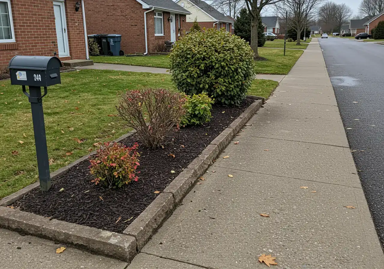 A clear photograph illustrating a typical suburban front yard area designated as a 'danger zone'. The image should show the edge of a lawn and a garden bed situated immediately adjacent to a concrete sidewalk and driveway, near the street. It could depict a slight downward slope from the pavement towards the garden bed, visually suggesting runoff flow. The season should be late autumn after leaves have fallen, before significant snowfall.