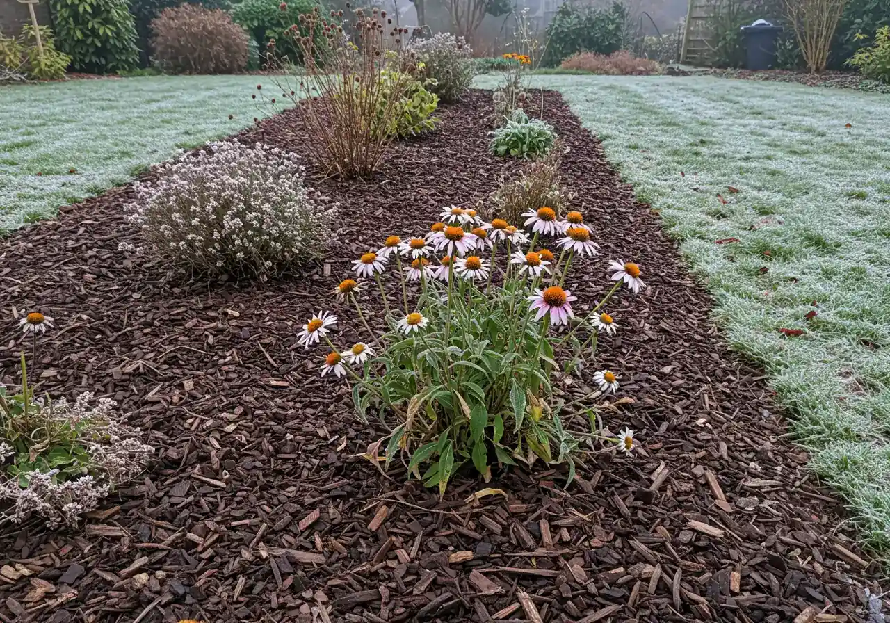 A visually appealing image of a cleaned garden bed prepared for winter. It should show dormant perennial bases cut back neatly, a fresh, even layer (2-3 inches deep) of dark brown shredded wood chip mulch covering the soil, and perhaps a few frost-tolerant structural elements left standing, like the dark, sturdy seed heads of coneflowers (Echinacea) or Sedum 'Autumn Joy', possibly lightly dusted with frost.
