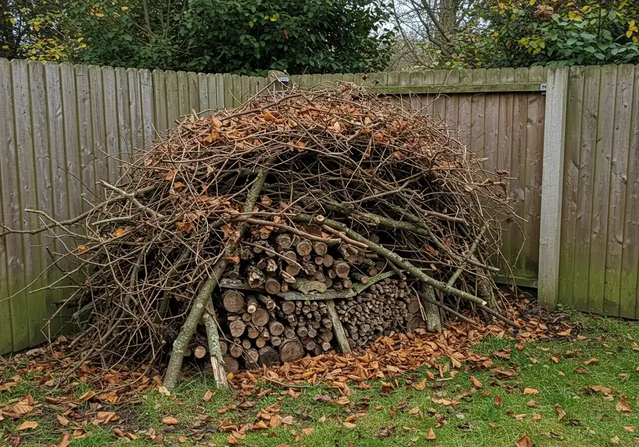 A neat, intentionally constructed brush pile made from pruned branches and twigs, tucked away in a corner of a garden border. The pile should look like a deliberate habitat structure, perhaps with some fallen leaves integrated, suggesting a wildlife haven rather than just a messy heap of debris.