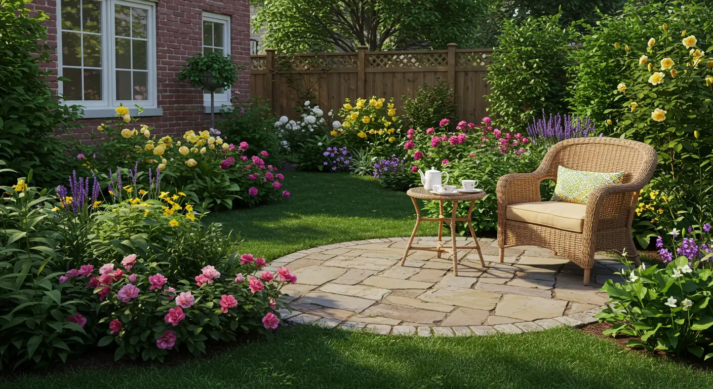 A beautifully landscaped backyard garden in the Ottawa area, showcasing a mix of flowers, shrubs, and a small patio or seating area. The garden should look vibrant and well-maintained, reflecting a realistic residential setting. Emphasis on lush greenery and colorful blooms, with a design that suggests both relaxation and visual appeal.