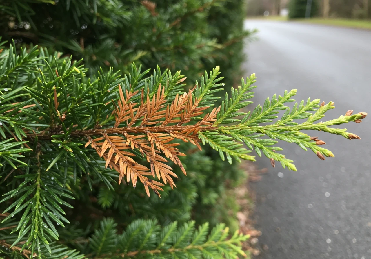An image clearly showing salt damage on an evergreen shrub near a path or simulated roadside. Focus on the distinct browning and scorching effect on the needles/leaves on the side facing the viewer (representing the side facing the salt source), contrasting with the healthier green foliage on the parts of the shrub further away or shielded. The ground nearby might show subtle white salt residue.