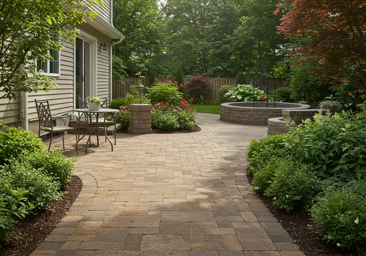 An eye-level, wide-angle shot of an interlocking paver patio and walkway. The pavers should be a natural, earthy tone, and the walkway should lead invitingly towards a garden area (partially visible). Include some simple patio furniture, like a small table and two chairs, to give a sense of scale and function. The setting should be a residential backyard.