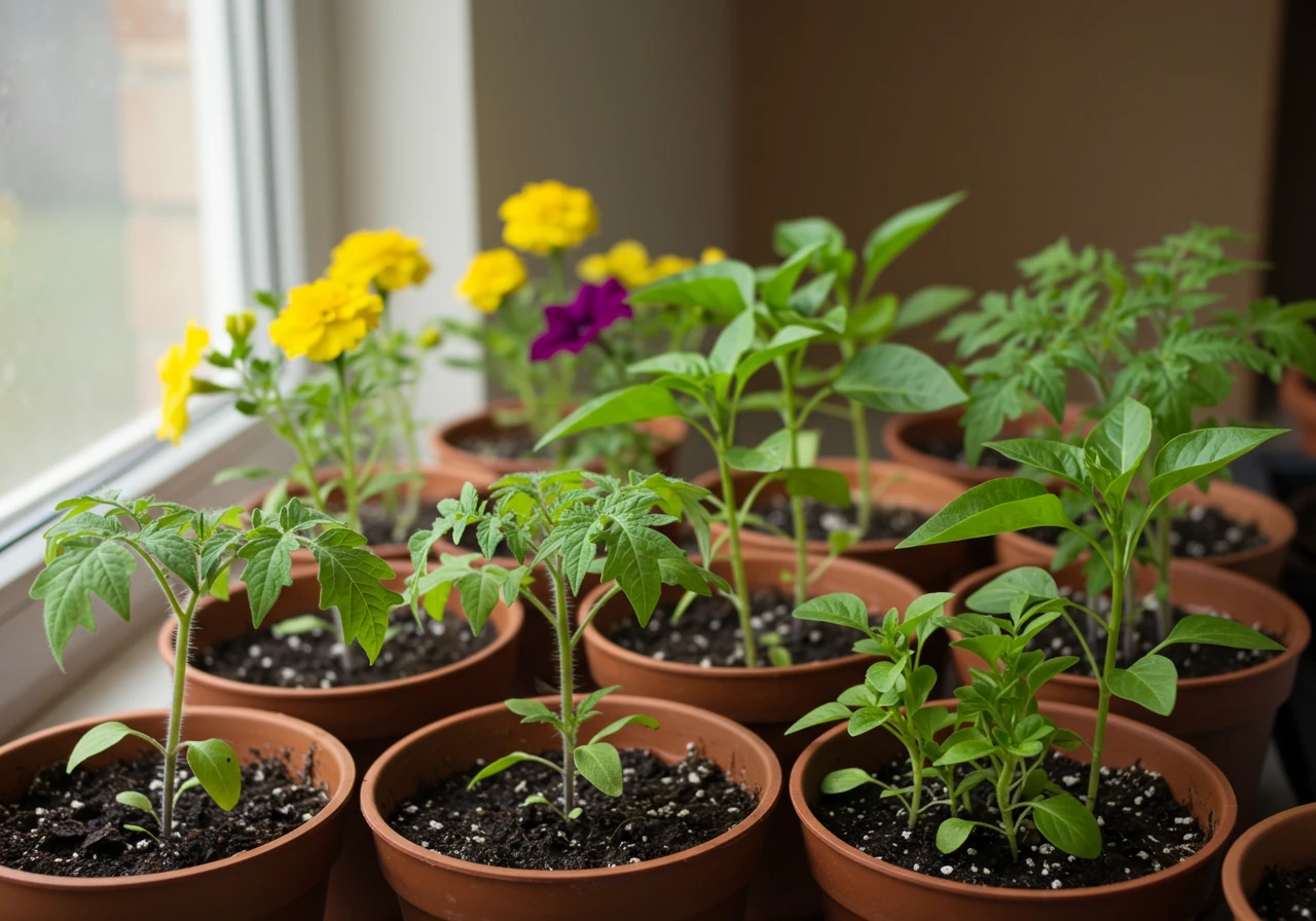 A diverse collection of healthy, vibrant vegetable and flower seedlings in small pots, ready for transplanting. The image should showcase a variety of plants, including some recognizable vegetables (like tomatoes or peppers) and colorful flowers. The seedlings should appear strong and well-cared for, with healthy green leaves.