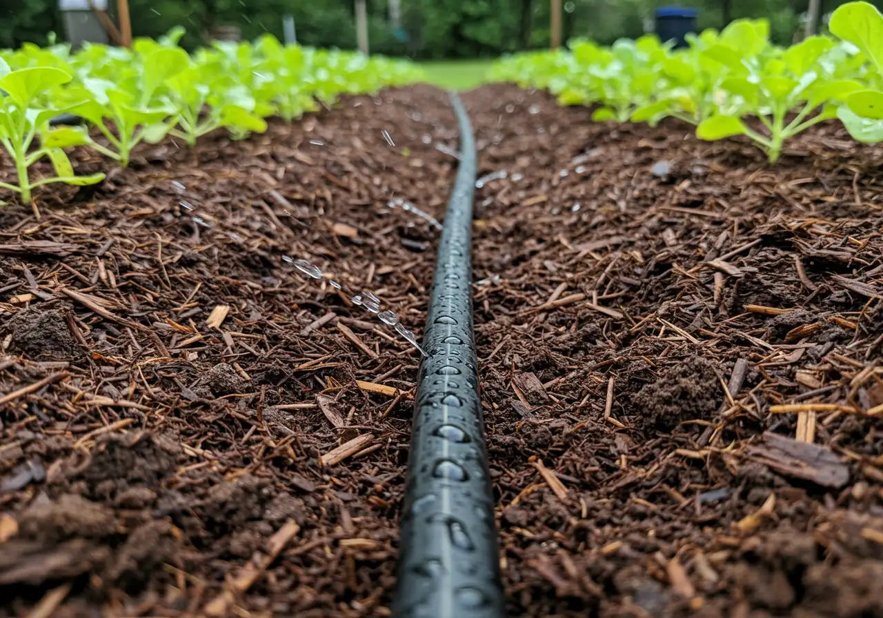 A clear shot of a black soaker hose laid out in a garden bed, snaking between rows of small vegetable plants. Droplets of water should be visibly seeping from the hose pores onto the mulched soil surface beneath.