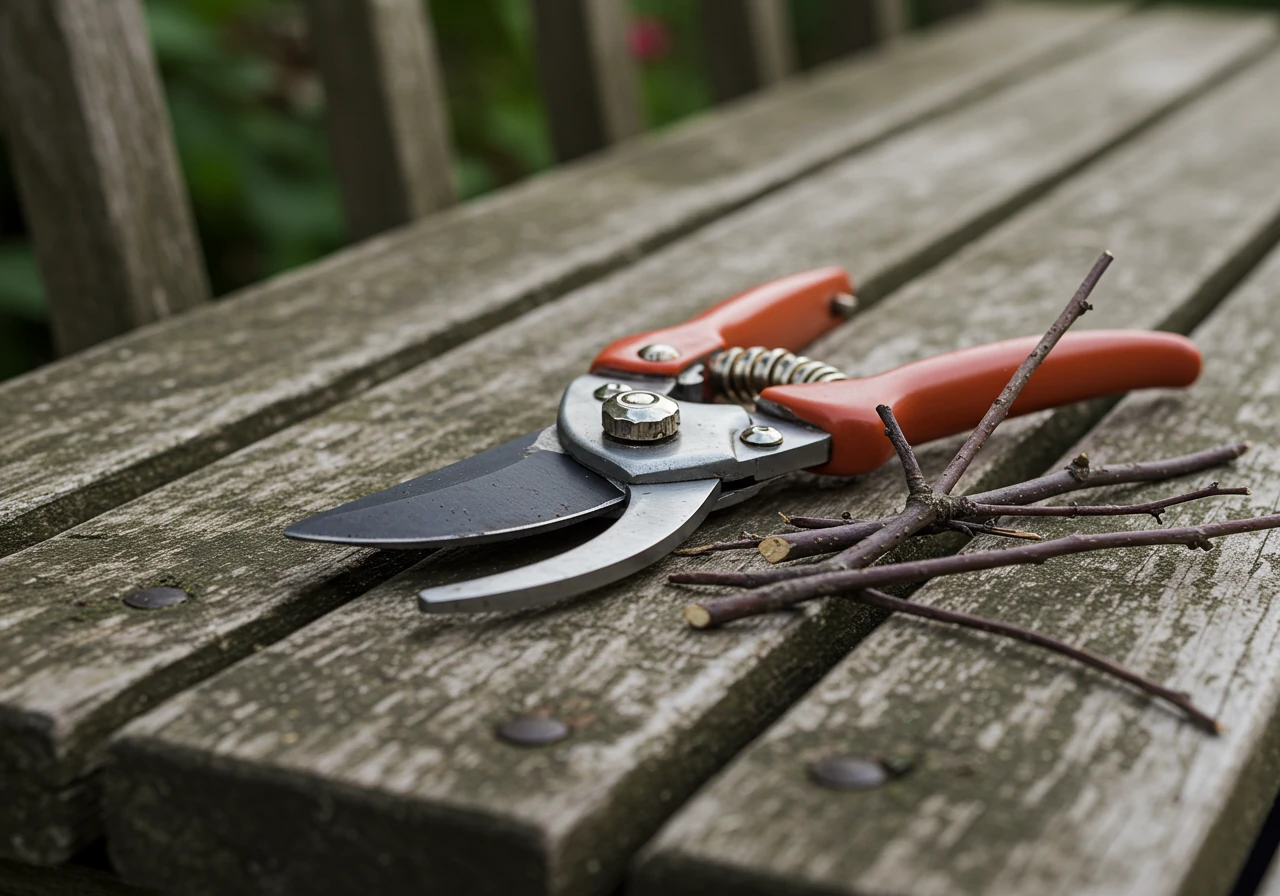 Clean, sharp bypass pruning shears resting on a weathered wooden garden bench next to a small pile of neatly clipped dead twigs from a woody shrub. The image emphasizes tool cleanliness and the removal of dead material, avoiding showing the act of pruning.