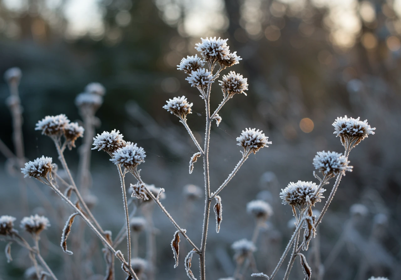 A visually appealing garden scene in late fall or early winter, showcasing plants left for winter interest. Focus on the frosted seed heads of coneflowers (Echinacea) and tall ornamental grasses covered in frost, adding texture against a muted background.
