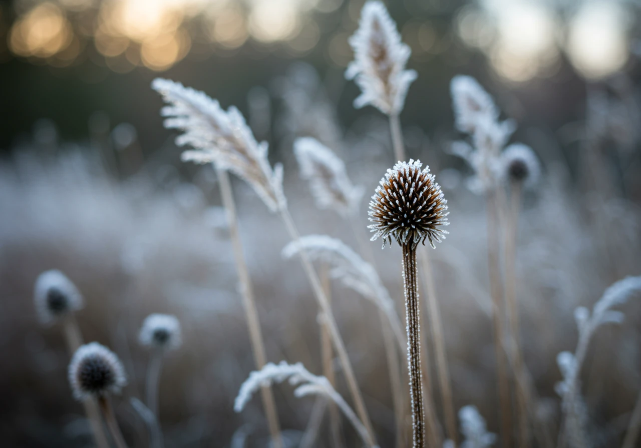 Image focusing on frost-covered brown seed heads of Coneflowers (Echinacea) and ornamental grass plumes standing in a garden bed during late fall or early winter, providing visual interest and wildlife value.