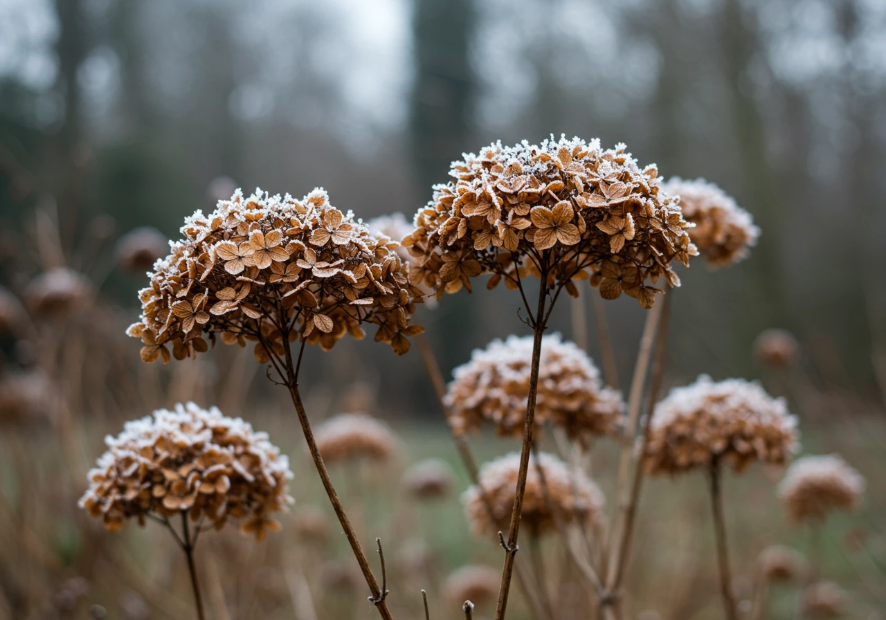 An evocative image showcasing the 'winter interest' of unpruned Bigleaf hydrangeas. Shows several large, dried, papery brown mophead flower heads standing on their stems in a dormant winter garden setting. A light dusting of frost coats the flower heads and stems, highlighting their architectural structure against a blurred backdrop of bare branches or dormant ornamental grasses. No green leaves visible.