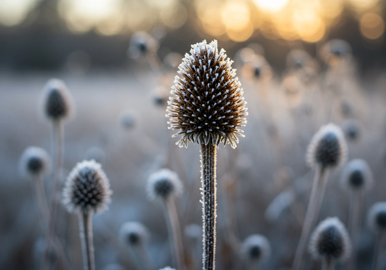 An image showcasing perennials left standing for winter interest, perhaps lightly dusted with frost or snow. This could feature the seed heads of coneflowers or ornamental grasses, illustrating the aesthetic and ecological benefits mentioned.