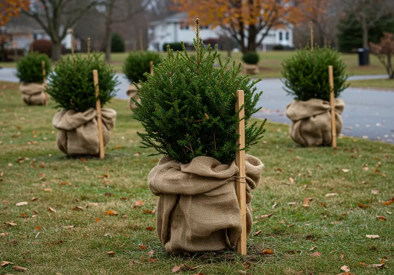 A photograph demonstrating the correct application of burlap wrap for winter plant protection. It should show one or two medium-sized evergreen shrubs (like cedars or yews) neatly shielded by burlap screens. The burlap should be secured to wooden stakes placed around the plants, creating a visible air gap between the fabric and the foliage. The setting is near a driveway or walkway edge in late fall.