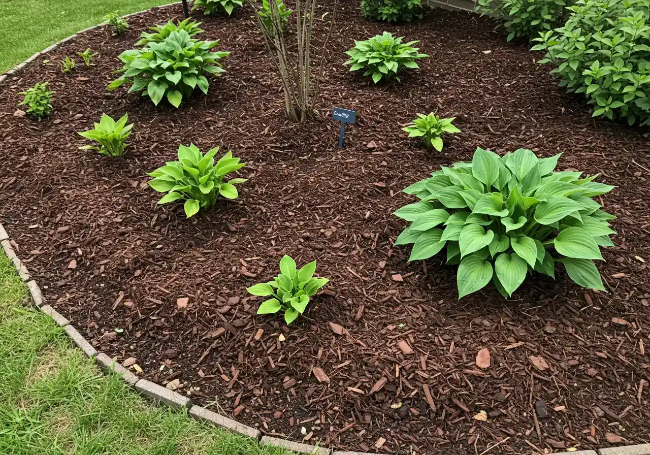 A visually appealing photograph of a garden bed showcasing correctly applied dark brown bark mulch. The mulch is spread evenly about 2-3 inches deep, and importantly, pulled back slightly from the base of several emerging green perennial hosta shoots, avoiding the 'mulch volcano'.
