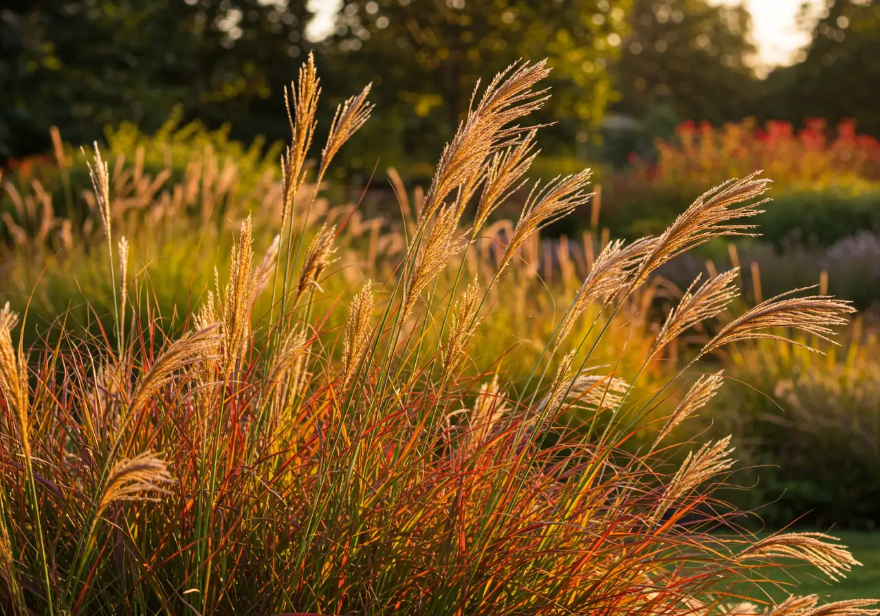 A photograph capturing the textural beauty of ornamental grasses in the fall. Focus on Feather Reed Grass 'Karl Foerster' with its tall, upright, wheat-colored plumes gently swaying, possibly alongside Switchgrass showing hints of reddish fall color. Morning or late afternoon light to emphasize texture and form. A small bird could be perched on one.
