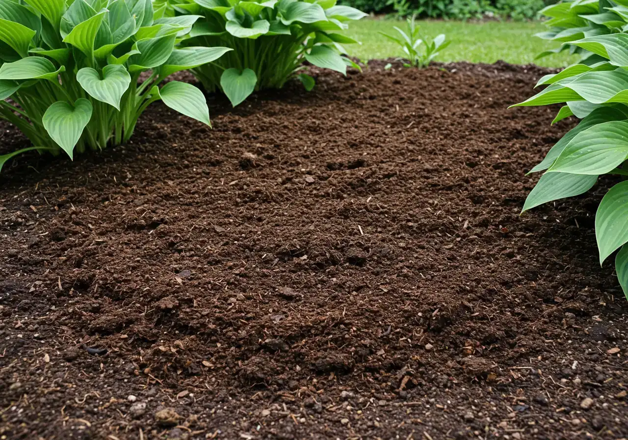 An image showcasing the application of rich, dark compost to a garden bed. It should depict a layer of crumbly, dark brown compost being spread evenly around the base of healthy-looking green plants (like hostas or ferns), contrasting with the lighter-colored garden soil beneath. No tools or hands visible, just the compost on the soil.