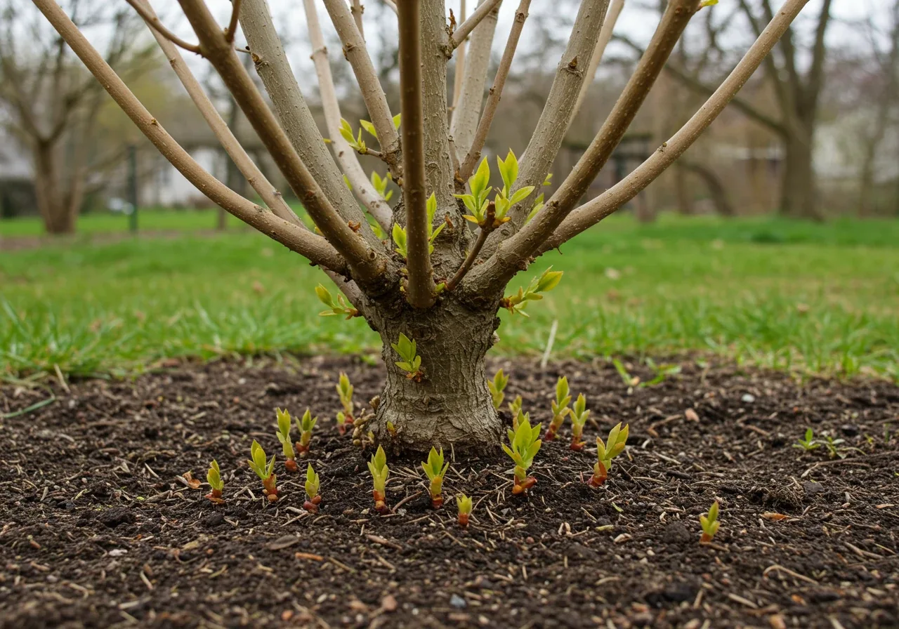 A photograph showing the base of a mature common lilac shrub, clearly illustrating several young, vigorous sucker shoots emerging directly from the ground around the main older stems. This visually clarifies what lilac suckers look like.