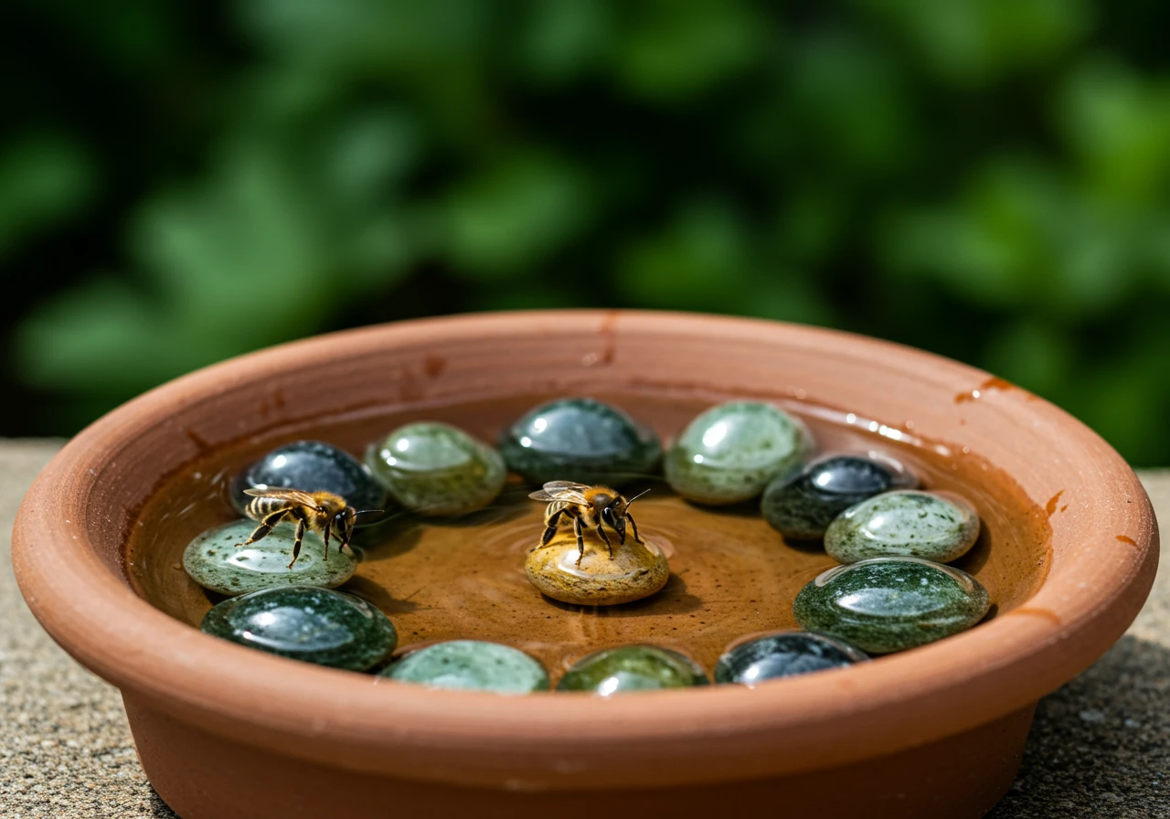 A clear photograph of a simple 'bee bath' setup in a garden setting. It shows a shallow ceramic dish filled with clean water and various sizes of smooth pebbles or marbles protruding above the water level, providing safe landing spots for insects. A small bee might be shown carefully sipping water from the edge of a pebble. The background shows blurred green leaves and flowers.