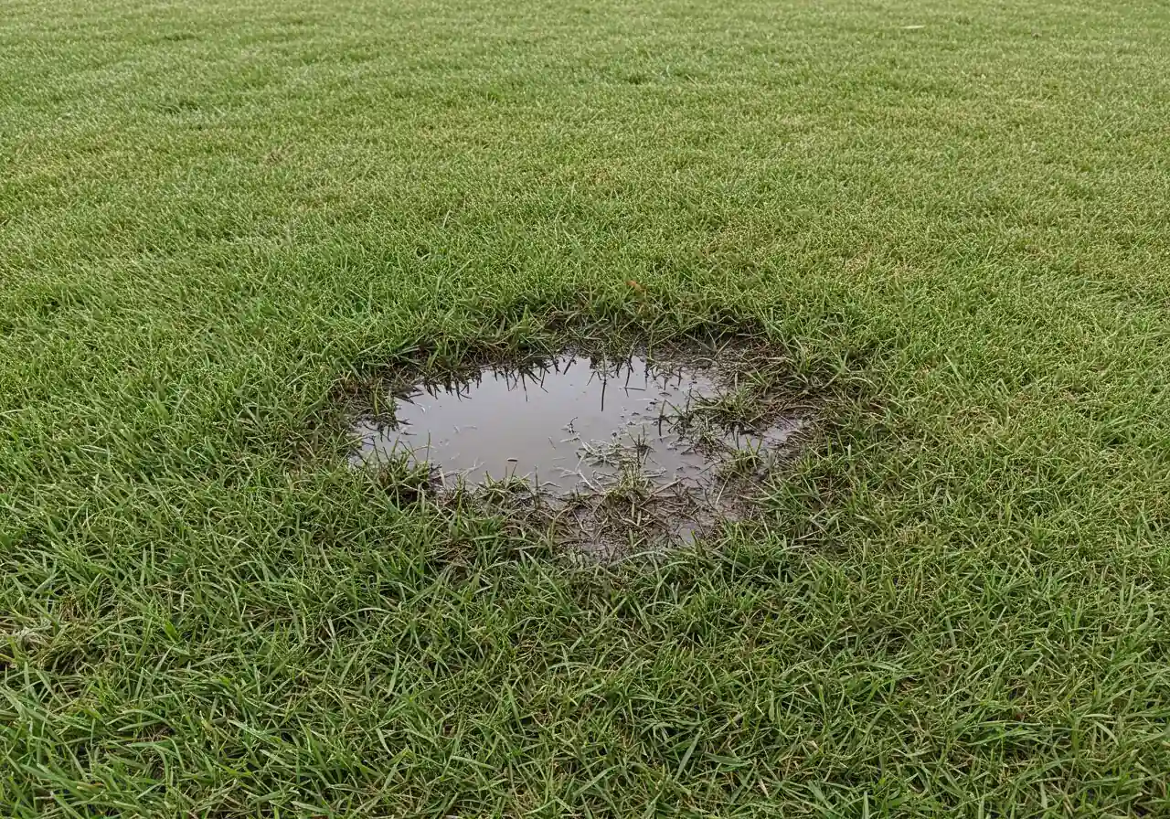 A photograph illustrating the negative impact of a sprinkler leak on a lawn. Show a distinct soggy, overly saturated, dark green patch of grass contrasting sharply with the adjacent, healthier, medium-green turf. The wet area looks unhealthy and waterlogged.