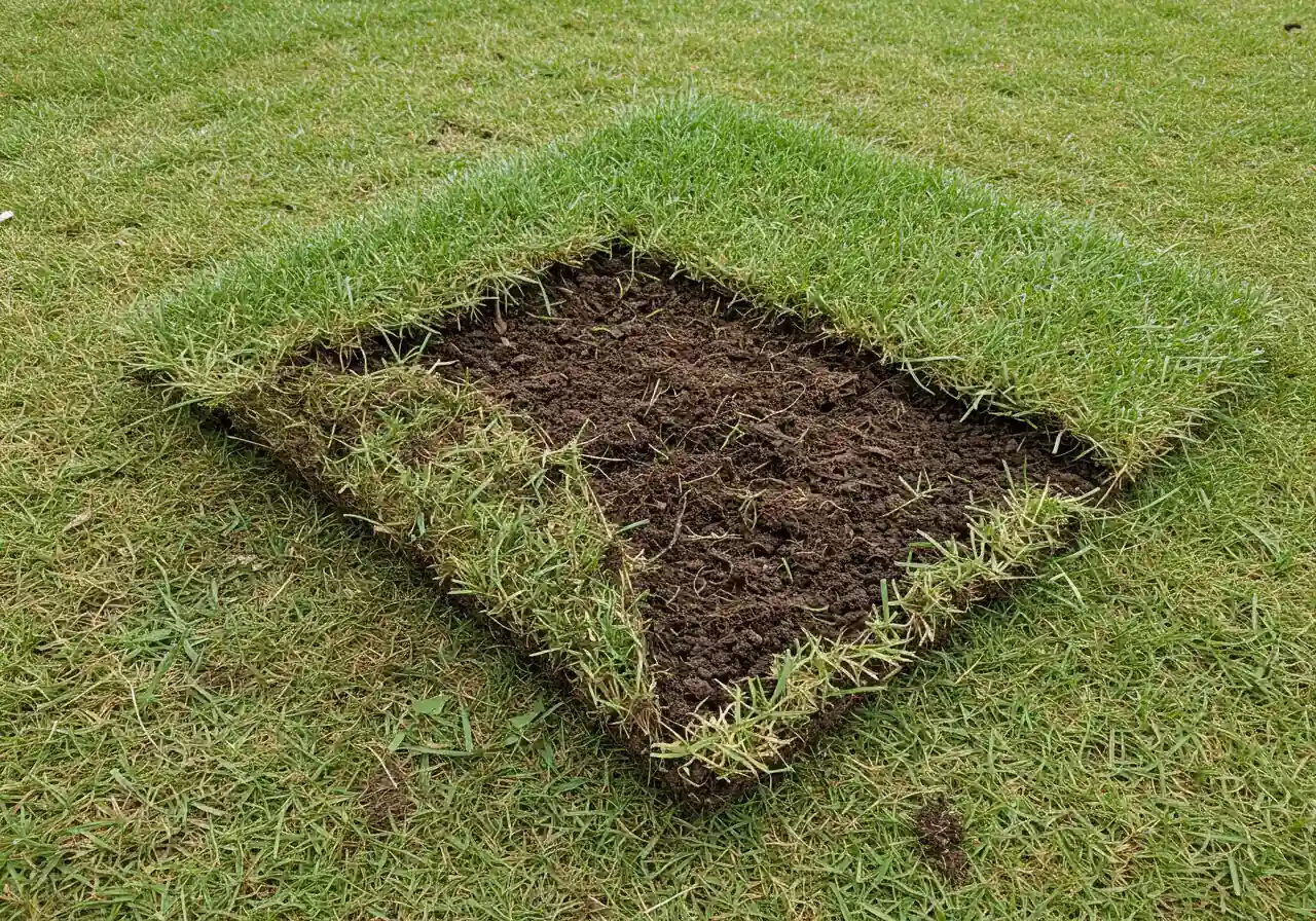 An image illustrating severe grub damage where a section of turf is easily peeled back like a carpet, revealing the severed roots and bare soil underneath.