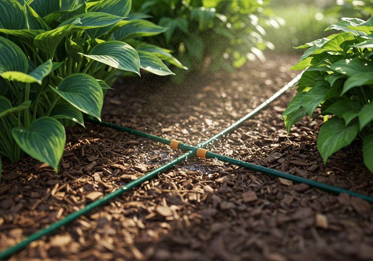 A photograph illustrating efficient watering, showing a dark brown soaker hose snaking through a garden bed mulched with wood chips. Droplets of water should be visibly seeping from the hose, moistening the mulch and soil directly around the base of healthy perennial plants (like hostas or ferns). Early morning light, focused on the hose and immediate watering zone.