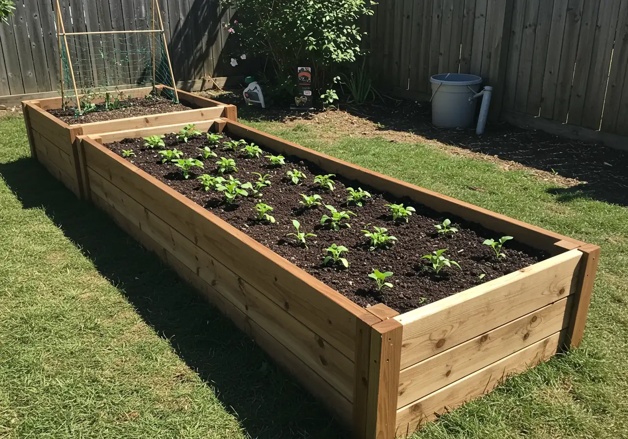 An appealing image of a well-constructed raised garden bed filled with healthy, thriving plants (vegetables or flowers). This visualizes the 'raised bed' solution discussed in the FAQ, showing loose, dark soil within the structure, contrasting with the surrounding ground level, suggesting an effective way to bypass difficult native clay soil.
