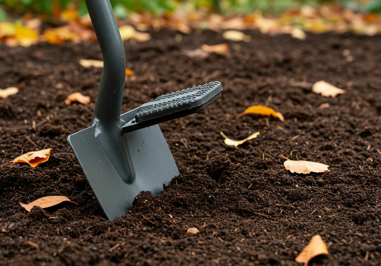 An angled close-up photograph focusing on the blade and foot pedal of an ergonomic spade partially inserted into rich, dark garden soil ready for planting bulbs. The D-shaped handle is visible at the top edge of the frame. Fallen autumn leaves are scattered lightly on the soil surface around the tool. The image implies the use of leg power for digging without showing a person.
