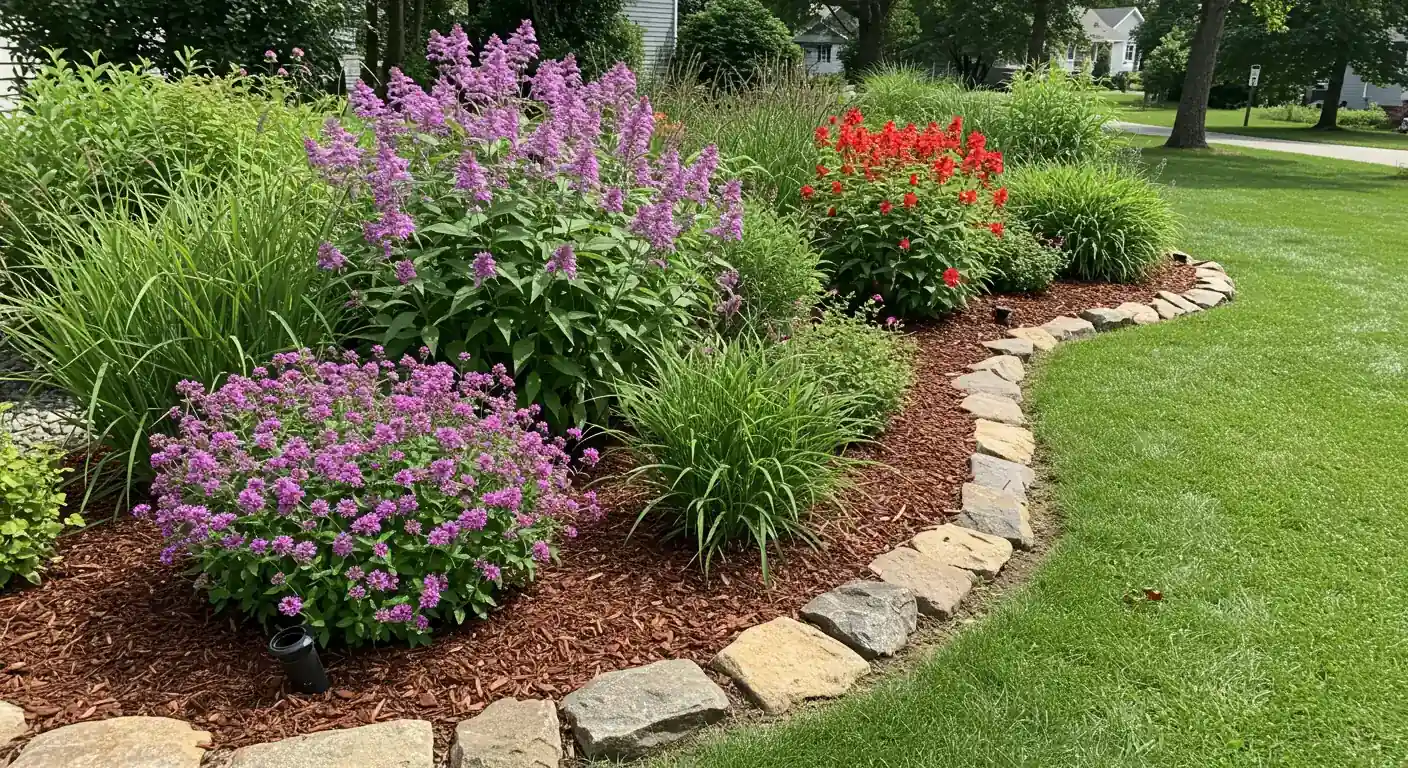 A vibrant, established residential rain garden thriving in a suburban backyard setting. The garden features a mix of flowering native perennials and ornamental grasses, nestled within a shallow, mulch-covered basin edged with natural river stones. The surrounding lawn looks healthy.