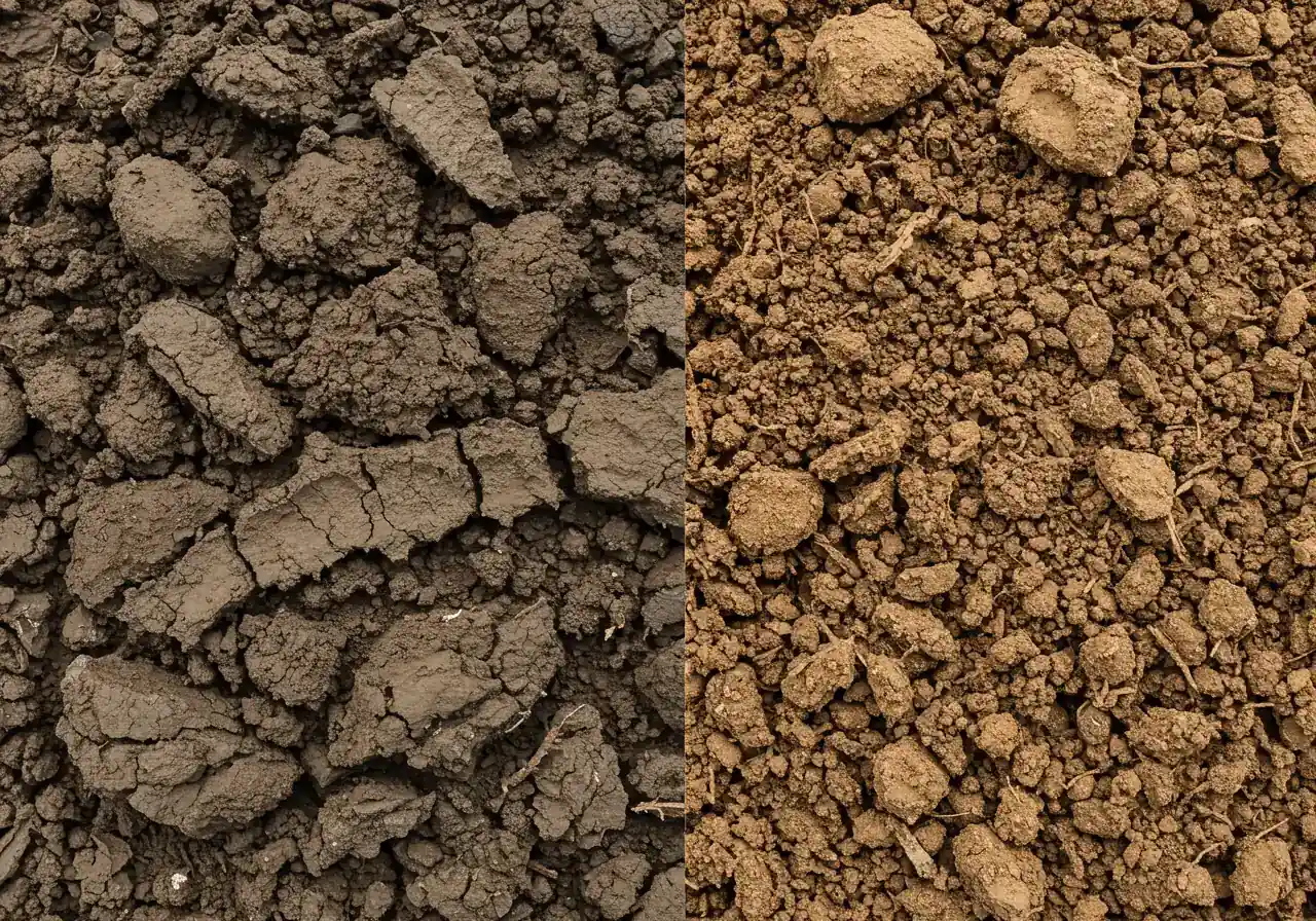 A split image or close-up side-by-side comparison showing two distinct soil textures. On one side, dark, dense, clumpy clay soil typical of Osgoode. On the other side, lighter brown, crumblier loam soil. Both samples are shown clearly, perhaps held in anonymous cupped hands (hands only, no person visible) or in separate small piles on a neutral surface, highlighting the textural difference.