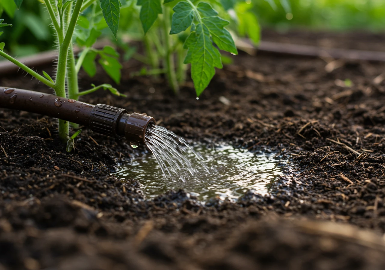 A low-angle, close-up photograph capturing a dark brown soaker hose laid neatly on rich soil at the base of a row of healthy tomato plants. Droplets of water should be visibly seeping slowly from the hose, darkening the soil immediately around it, while the surrounding soil surface is slightly drier. Focus on the hose and the moist soil zone, with the green stems of the tomato plants rising just above. Morning light effect.
