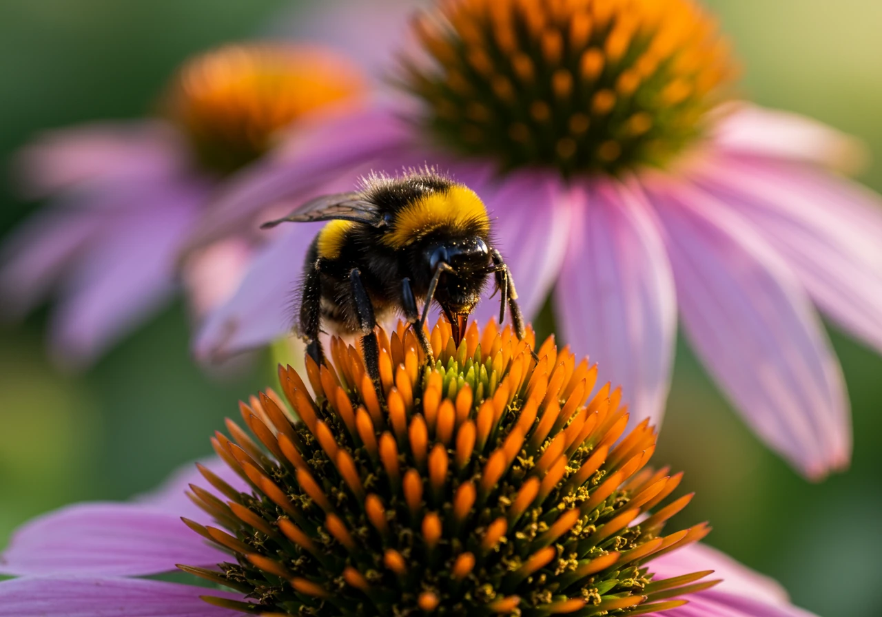 A vibrant, detailed close-up of a native pollinator, such as a bumblebee or Monarch butterfly, actively gathering nectar from a native Ottawa Valley wildflower like Purple Coneflower (Echinacea) or Bee Balm (Monarda) in full bloom. The background shows a softly blurred sunny garden setting.