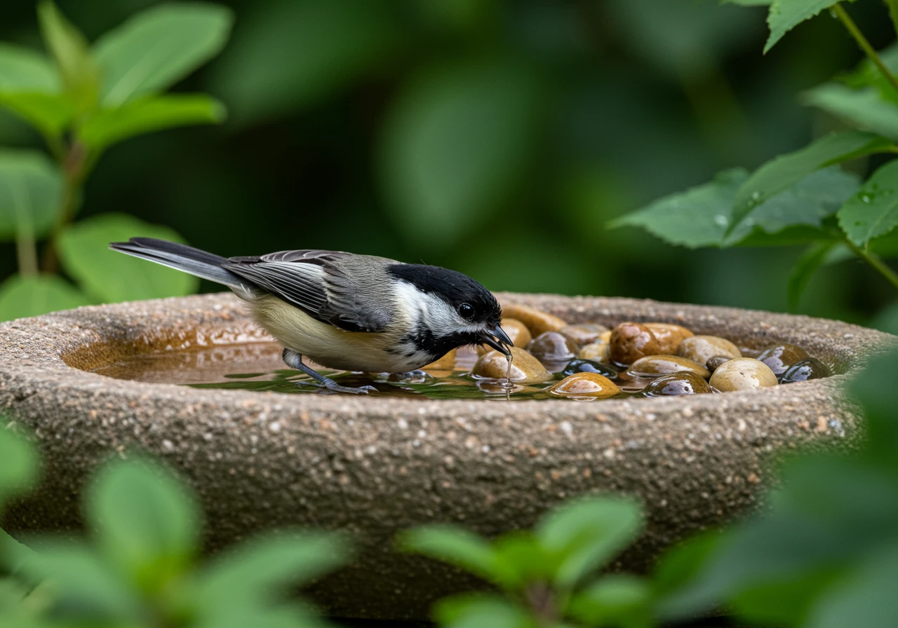 A realistic photograph focusing on a simple, shallow stone bird bath placed within a lush garden setting. A small native bird, like a Black-capped Chickadee, is perched on the rim, taking a drink. The water is clean and reflects the surrounding greenery slightly. Pebbles are visible inside the bath for safe footing. The image should convey tranquility and the ease of providing water.