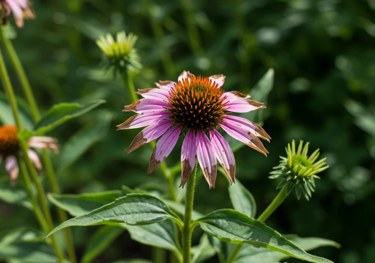 A close-up photograph capturing the effects of intense summer heat on a garden plant, specifically showing a typically vibrant flowering perennial (like a coneflower or hosta) with noticeably drooping, wilted leaves and slightly faded flower color under the bright midday sun. The background should be slightly blurred, focusing attention on the plant's heat stress.