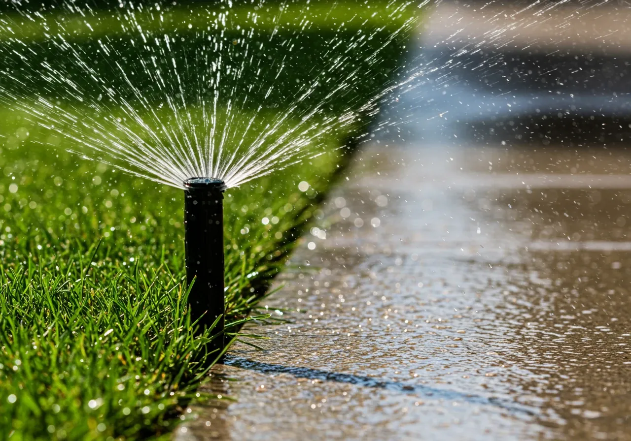 A clear photograph illustrating the 'Sidewalk Soaker' problem. Shows a pop-up sprinkler head on the edge of a green lawn spraying water sideways onto a concrete sidewalk or driveway, highlighting obvious water waste.