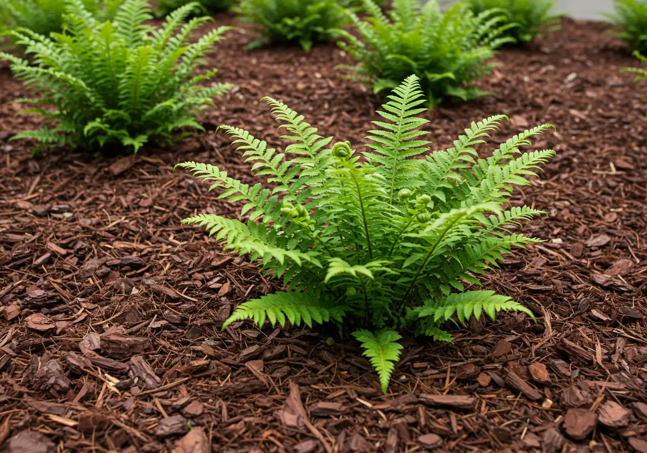 A clean and appealing shot of a well-maintained garden bed featuring healthy green plants (like ferns or small shrubs) with a thick, even layer of dark brown shredded bark mulch applied around their bases, effectively covering the soil. The image should highlight the neatness and weed-suppressing effect of the mulch.