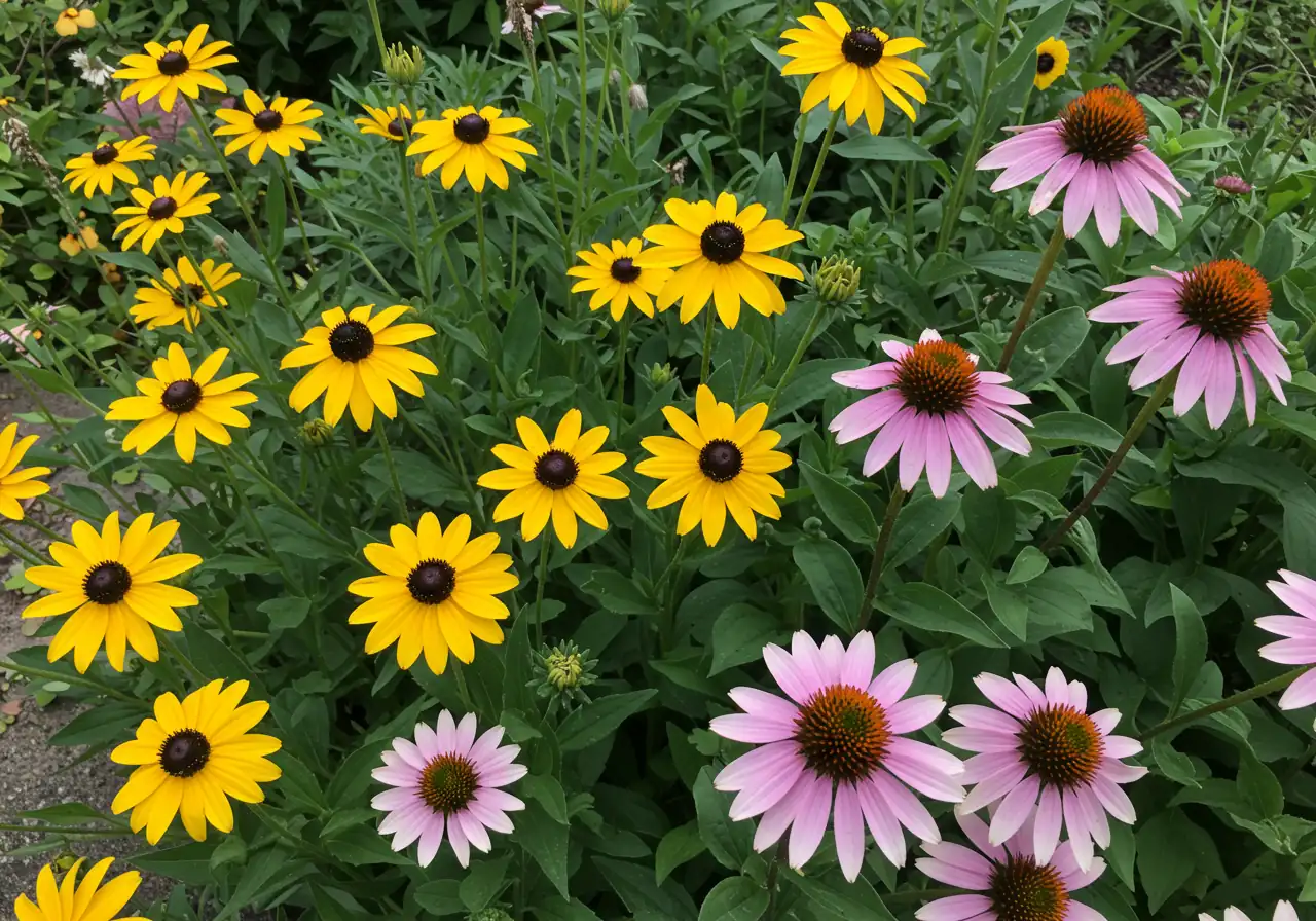 A vibrant cluster of native Canadian wildflowers in a garden setting, featuring Black-eyed Susans (Rudbeckia hirta) and Purple Coneflowers (Echinacea purpurea) in bloom. The plants should look healthy and thriving, attracting a few small pollinators like bees or butterflies (optional). The image should convey natural beauty and ecological benefit.