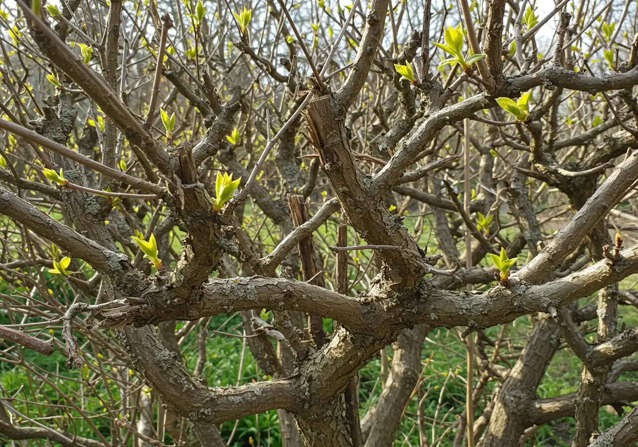 A detailed close-up photograph of an overgrown deciduous shrub showing clear signs of needing renovation pruning. Focus on showcasing a mix of numerous dead, brown, brittle branches intertwined with some sparse green growth, illustrating the 'Deadwood Takeover' and 'Legginess' described in the text. The lighting should be natural daylight, emphasizing the unhealthy appearance.