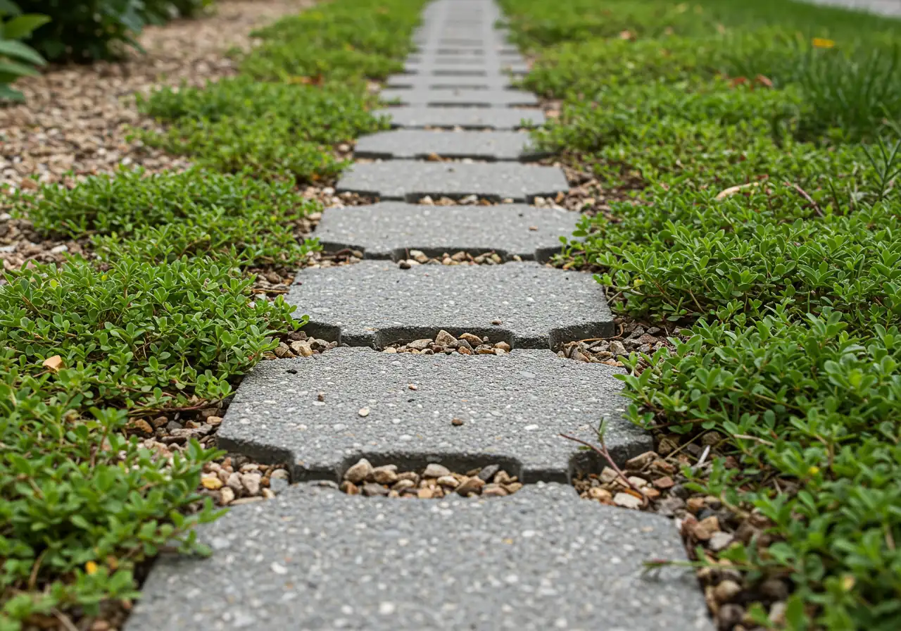 An illustrative image showing permeable pavers used for a walkway or small patio area within a garden setting. Rainwater should be subtly suggested as soaking between the gaps of the pavers, which are surrounded by low-maintenance groundcover or native plants. The overall impression should be functional, aesthetically pleasing, and environmentally conscious.