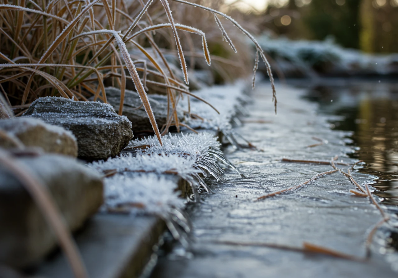 A realistic close-up view of thick, clear ice forming at the edge of a backyard pond in late autumn or early winter. Frost dusts the surrounding stones and dormant grasses. The water beneath the ice looks dark and cold, visually emphasizing the 'Big Freeze' danger mentioned in the text.