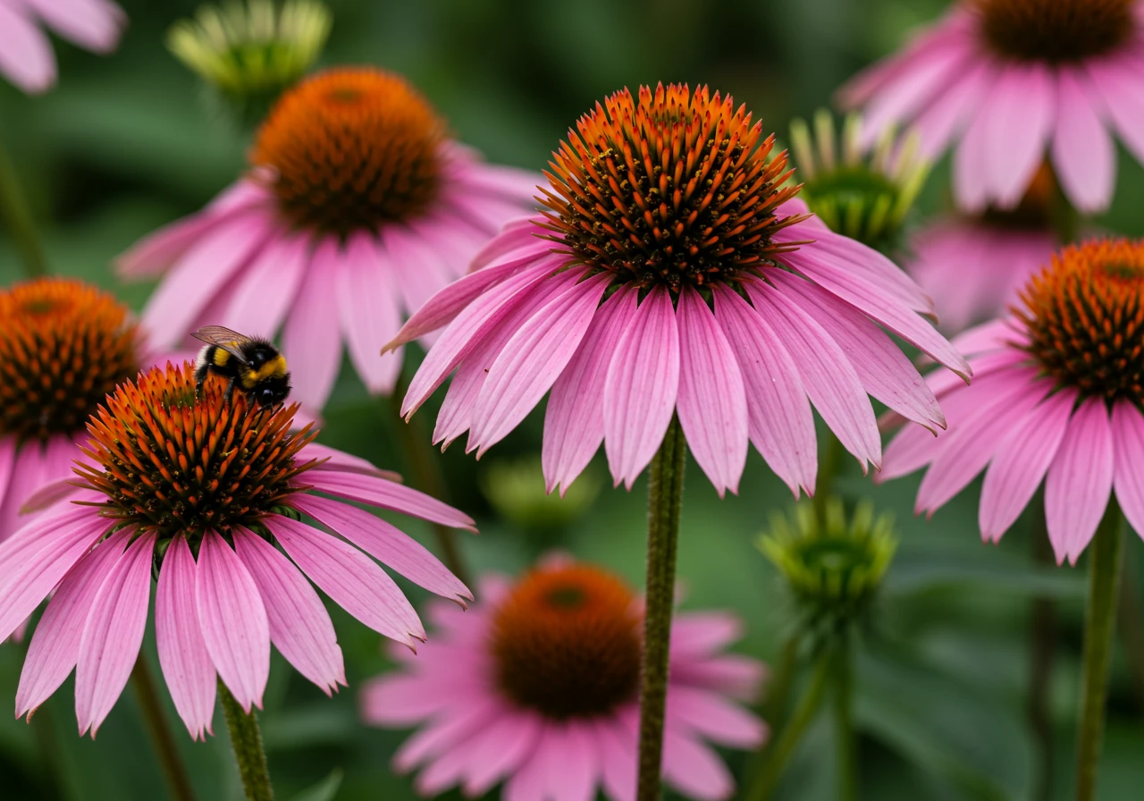 A beautiful close-up photograph of vibrant pink Coneflowers (Echinacea) in full bloom, thriving in a sunny garden setting. A bumblebee should be actively visiting one of the flowers, highlighting the pollinator benefit mentioned. The background should be softly blurred garden foliage.