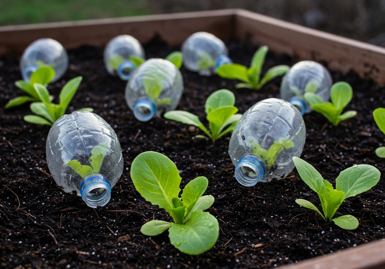 A detailed close-up view of young vegetable seedlings (like lettuce or peas) growing in neat rows within a raised garden bed. Some of the seedlings are protected by simple, clear plastic cloches or small DIY row covers, indicating protection against potential frost in an early spring garden.